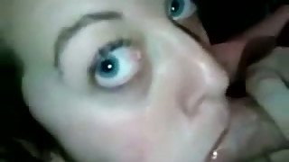 Dirty chick with blue eyes gives head and swallows