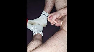 Hairy married man solo wanking and cumming with cumshot 💦 in red jock strap with dirty white socks