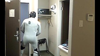 at hotel window and door I cum wearing bastard wetsuit, silicone hood