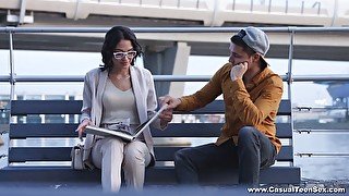 Nerdy brunette in glasses Angelina Jolie hooks up with one stranger dude