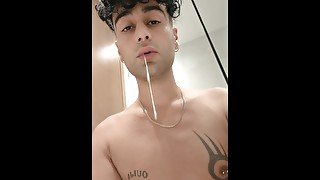 Spitting guys cum and licking it again in hotel bathroom - cum play