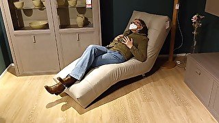 Risky public crossed legs orgasm in a furniture store