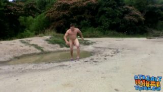 Fit guy Elijah Knight jacking off outdoors near a lake