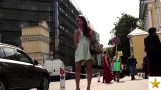 Fascinating European brunette in sexy green panties upskirt