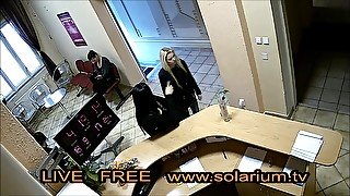 Blonde Horny hot teen 18+ masturbates in public solarium