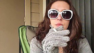 Goddess D Smoking in Gray Sweater and Sexy Wool Knit Gloves and Sunglasses