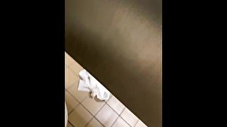 RT running to crowded public rest stop restroom and holding the door open interacting with people