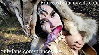 Hot valkyrie in forest get wild and kinky, fuck her pussy hard by exotic dildo