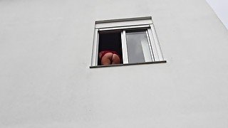 Crazy Girl Fucked With a Dildo Sticking Her Big Ass Out The Window And Pissed On A Stranger!