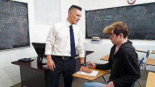Teacher ass fucks college boy and comes on his dick