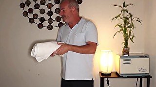 Skinny blondie prepping for a nice fuck with an old man