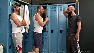 Hardcore gay threesome with mature dudes at a locker room