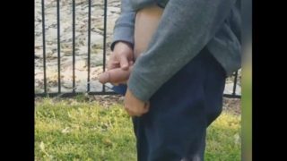 Pissing in public park, almost caught! GF records me peeing outside strokin