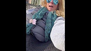 Blonde MILF fingering masturbating outside until she cums