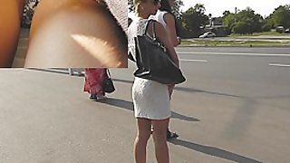 Darksome and white strap on bus upskirt vid