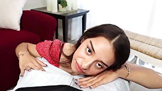 Cute brunette with braces is jerking and sucking in POV
