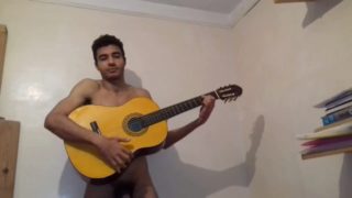 Naked man playing guitar after fucking and riding his boy friend