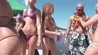 Gorgeous group of wild amateur college hotties drinking and dancing around on a boat