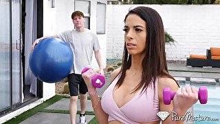 Fit MILF Eva Long exercising on a young man's hard cock