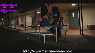 Amateur Latina Marilyn Moreno sucks and fucks in public threesome at school