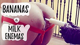 EXTREME FEMDOM milk ENEMA stuffing bananas in his ass