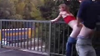 Redhead teen has sex on bridge