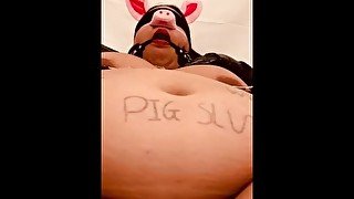 Fat piggy tied up, blindfolded, gagged with nipple clamps and made to orgasm