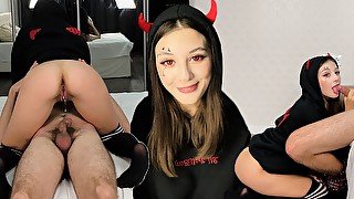 Devil girl get fucked on Halloween! Huge creampie load inside her tight pussy