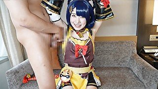 Japanese cosplayer gives a guy an armpitjob and handjob.