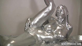 Solo slut Mindi Mink gets covered with grey paint and loves it