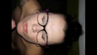 Husband fucks wife and cums on her glasses