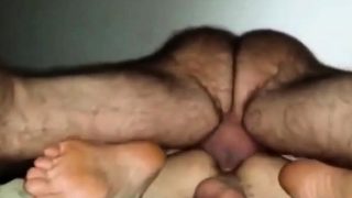 Hairy Daddy with hairy legs breeds boy from below