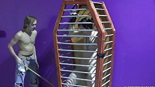 Caged twink Thomas gets tormented by Kayden