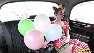 Kinky chick dressed as a clown enjoys riding a taxi driver's dick