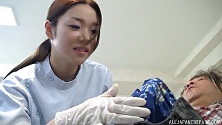 Foxy Japanese doctor gives a blowjob and rides his stiff dick