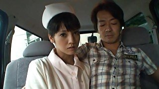 Asian nurse enjoys sucking a stiff dick in back of the car