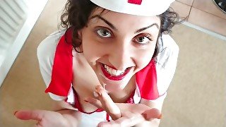 Nurse addicted to cum helps doctor by swallowing his massive load POV