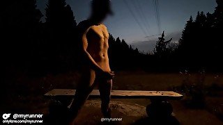 Sport Fit Boy and Extreme Night Cumshot at Park Bench