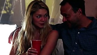 Two horny buddies are going to bang one sweet blond haired GF Jessie Andrews in bed tough