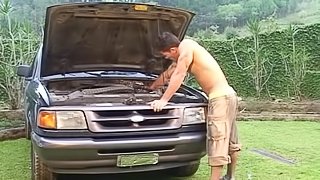 Working hard on the car has him horny for lusty gay anal