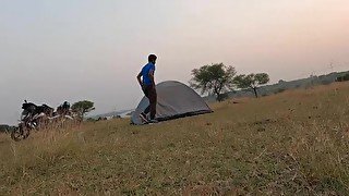 Outdoor fucking hard in the tent at evening in a peaceful environment