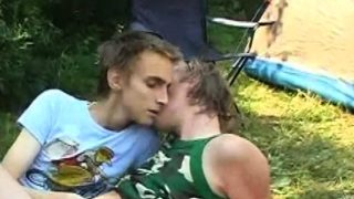 Camping twink tasting cum after breeding duo