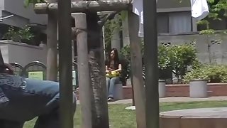 Boob sharking while she was sitting on a bench and texting