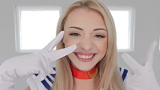 A petite blonde is cosplaying and then gets roughed up