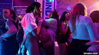 Slutty pornstars fuck in a club