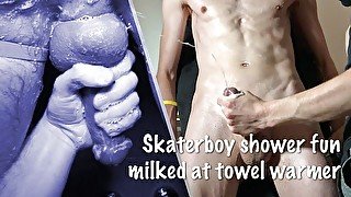 Skaterboy shower fun and milked hard at towel warmer