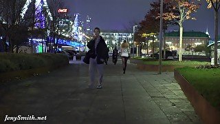 Deep Evening - Russian Jeny Smith walks in public in transparent pantyhose without panties.