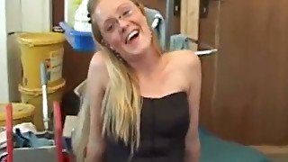 Blond haired shy bitch in glasses sucks cock of older man for the first time