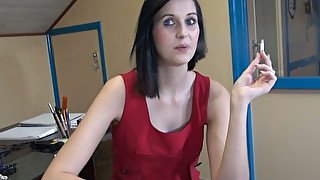 Smoking brunette girl gives head in the office sex video