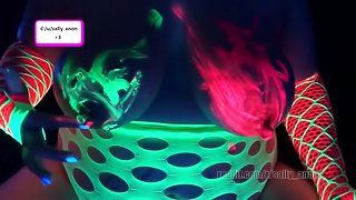 BBW milf black light finger paints massages huge breasts and long nipples